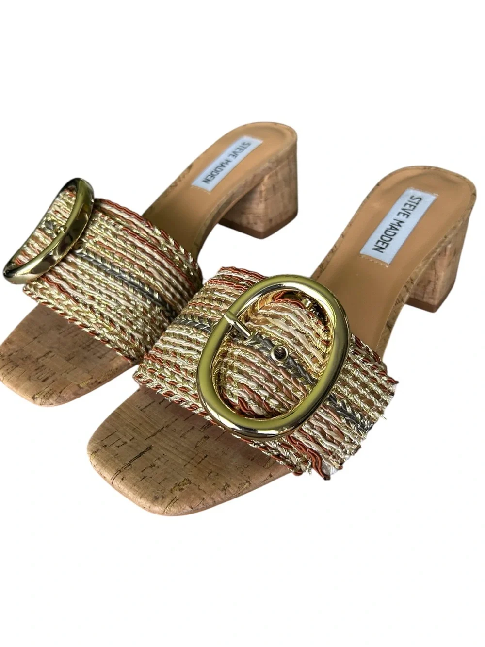 Steve Madden Seacrest Gold Multi Raffia Cork Block Heel Sandals Excellent 6.5